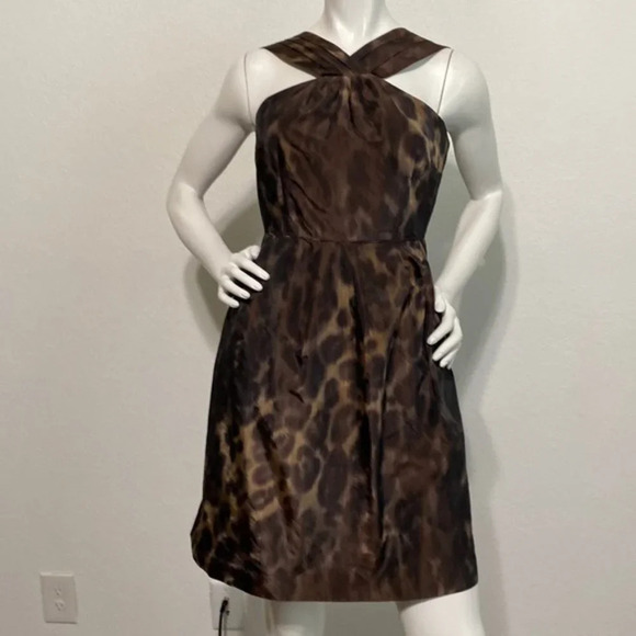 Banana Republic Halter Dress Empire Waist Sleeveless Leopard Pattern Brown 6P - Picture 2 of 7